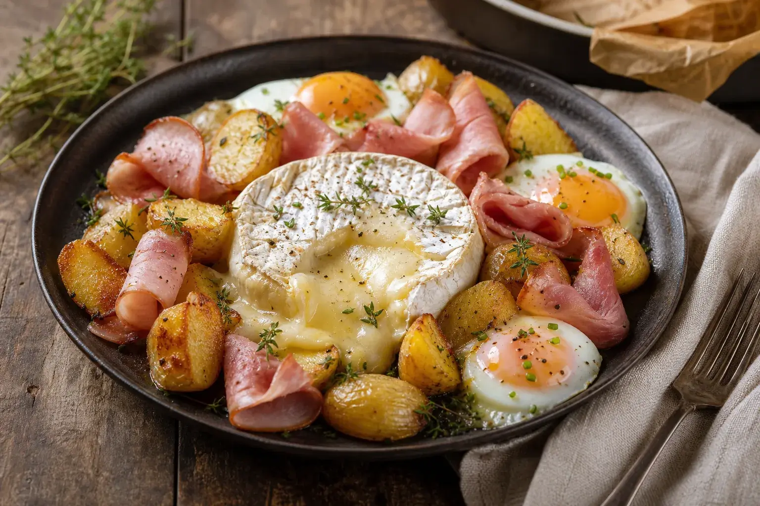 Image for recipe: Gourmet Baked Brie with Potatoes, Ham, and Eggs