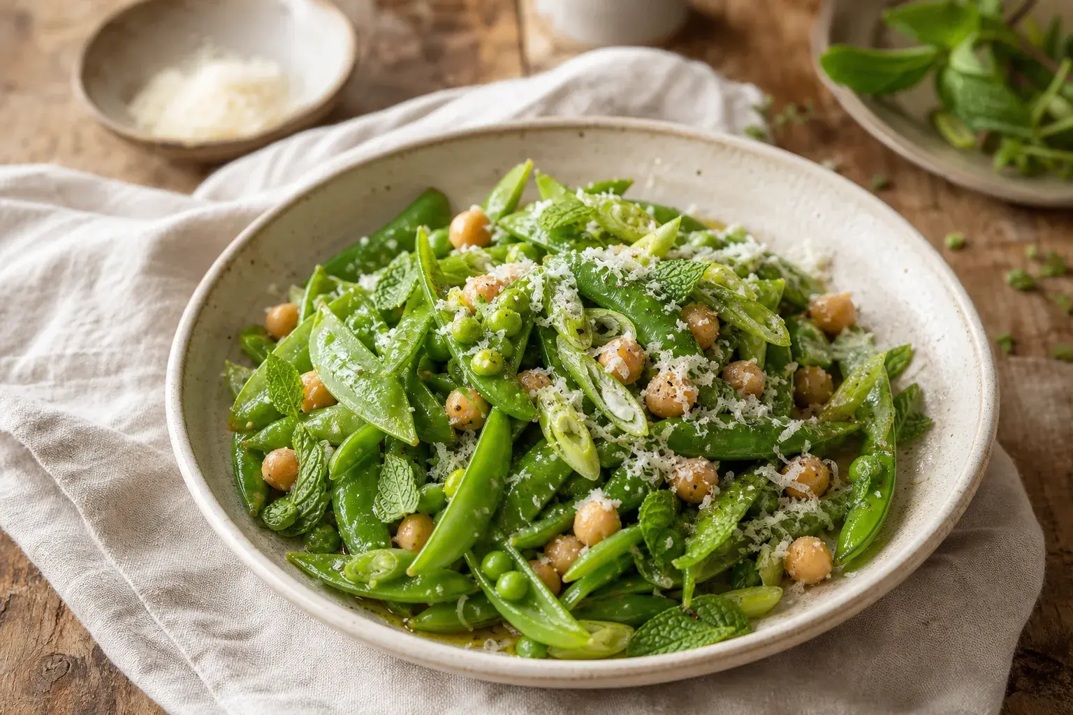 Image for recipe: Elegant Snap Pea Salad with Miso, Garlic, Pecorino & Mint