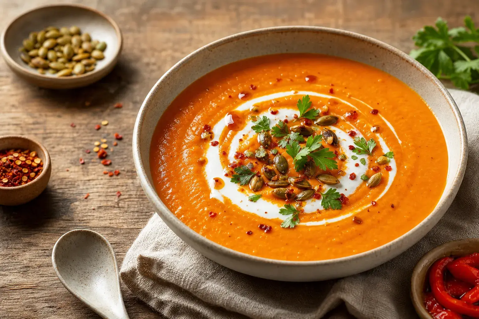 Image for: Velvety Spicy Sweet Potato and Roasted Red Pepper Soup