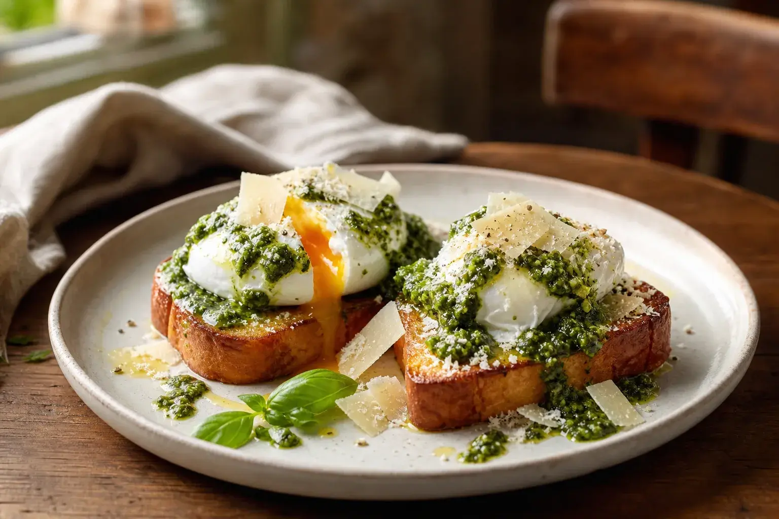 Image for recipe: Eggs Benedict with Parmesan on Toasted Brioche and Pistou