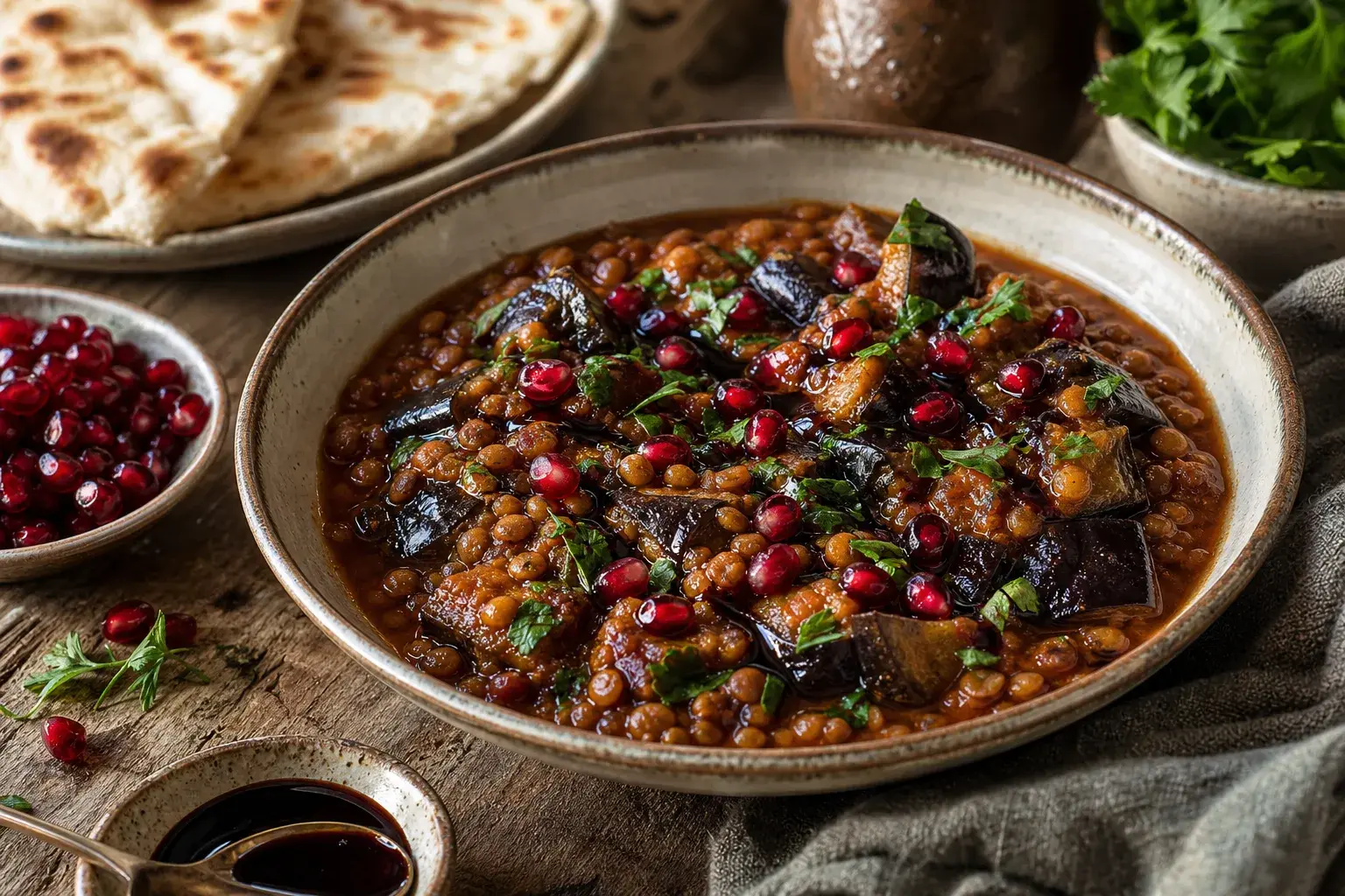 Image for: Eggplant-Lentil Stew with Homemade Pomegranate Molasses