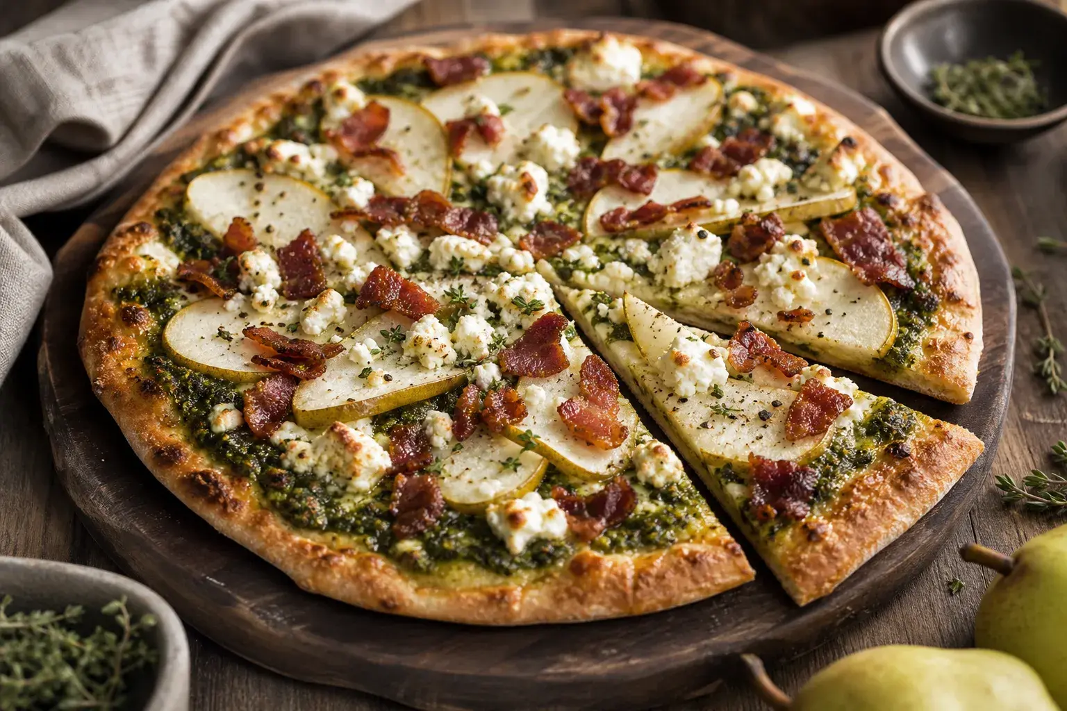 Image for recipe: Gourmet Goat Cheese, Pear, and Bacon Pizza with Pesto Sauce