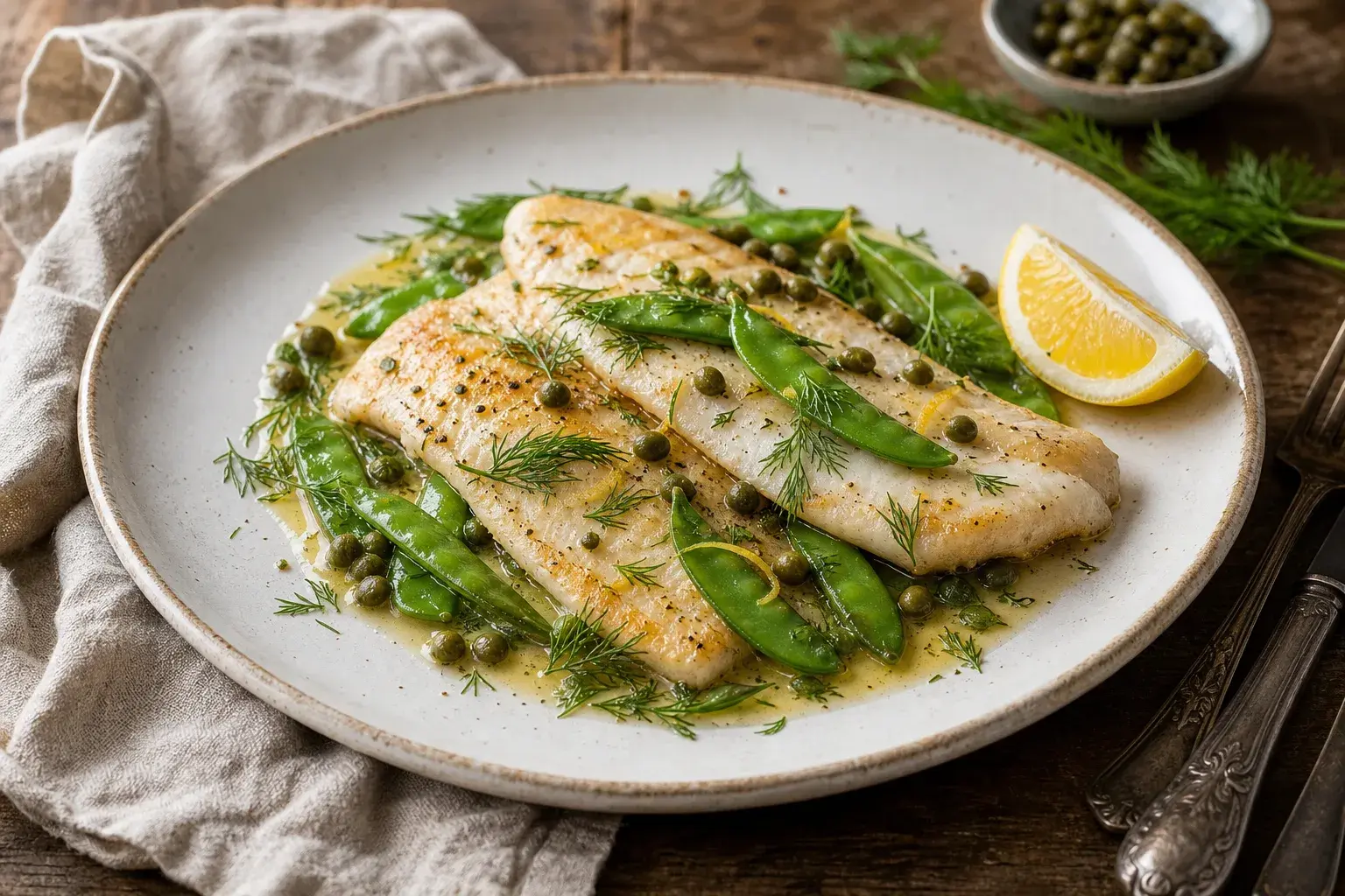 Image for recipe: Pan-Seared Dover Sole with Snap Peas, Fresh Dill, and Capers