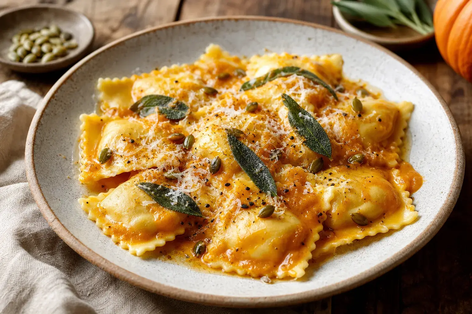 Image for recipe: Pumpkin & Cheese Ravioli with Savory Sauce