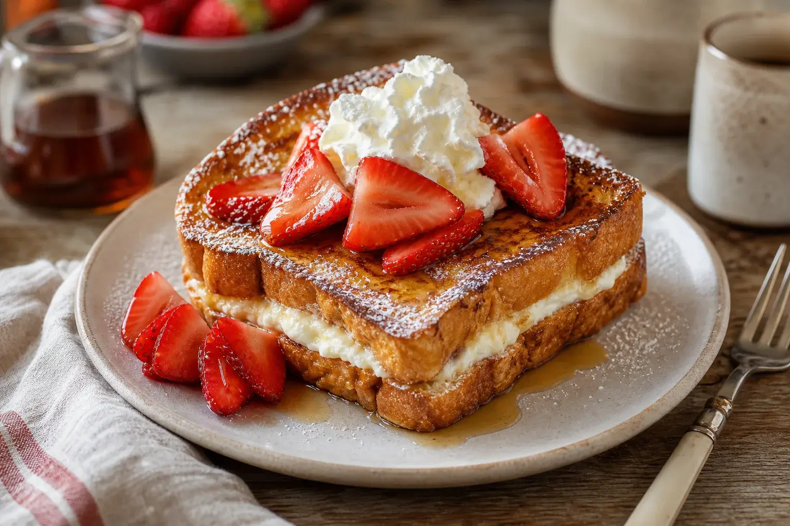 Image for: Elegant Cream Cheese Stuffed French Toast with Fresh Strawberries and Whipped Cream