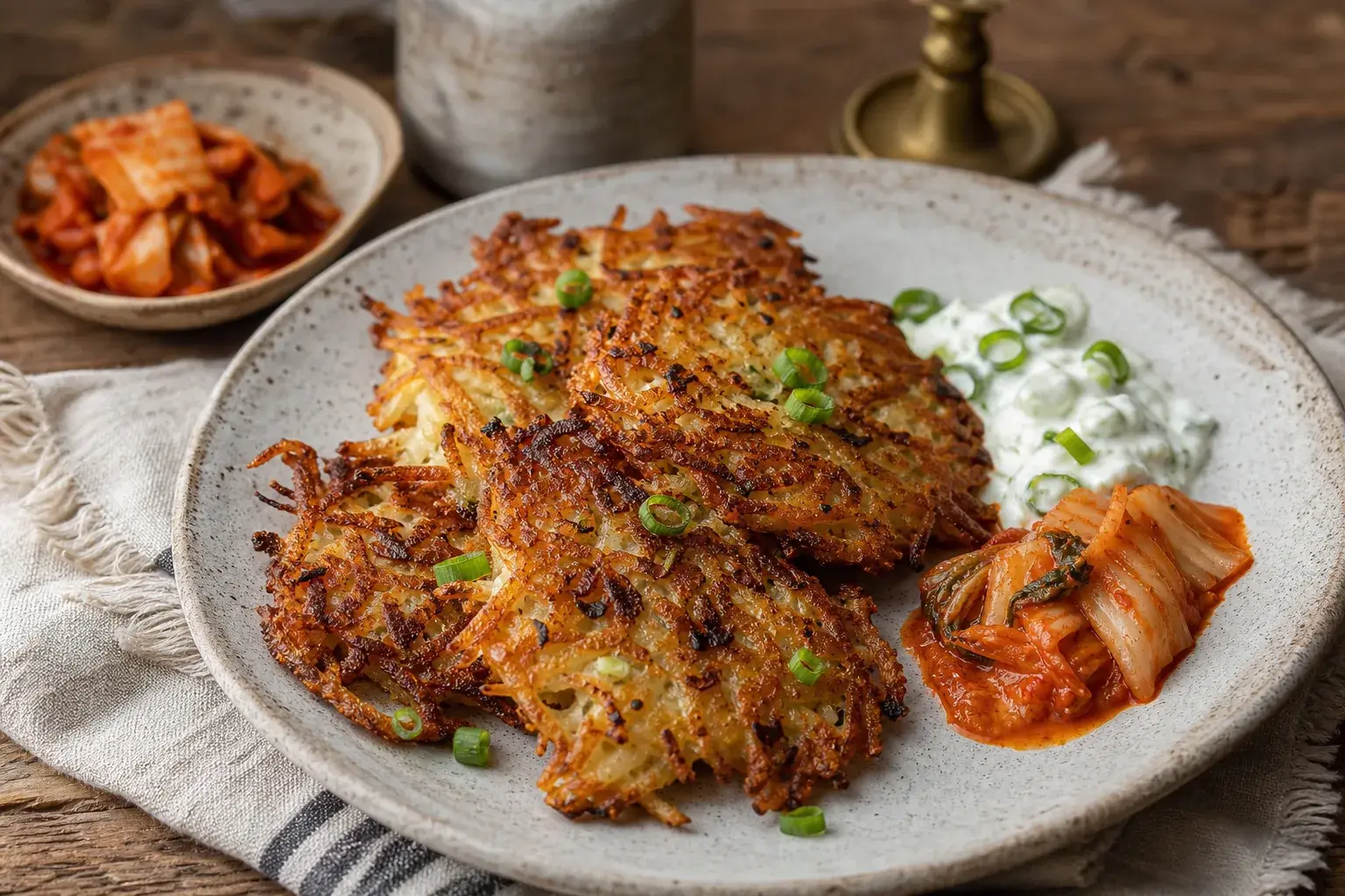 Image for: Sunchoke and Parsnip Latkes with Scallion Yogurt and Kimchi Sauce